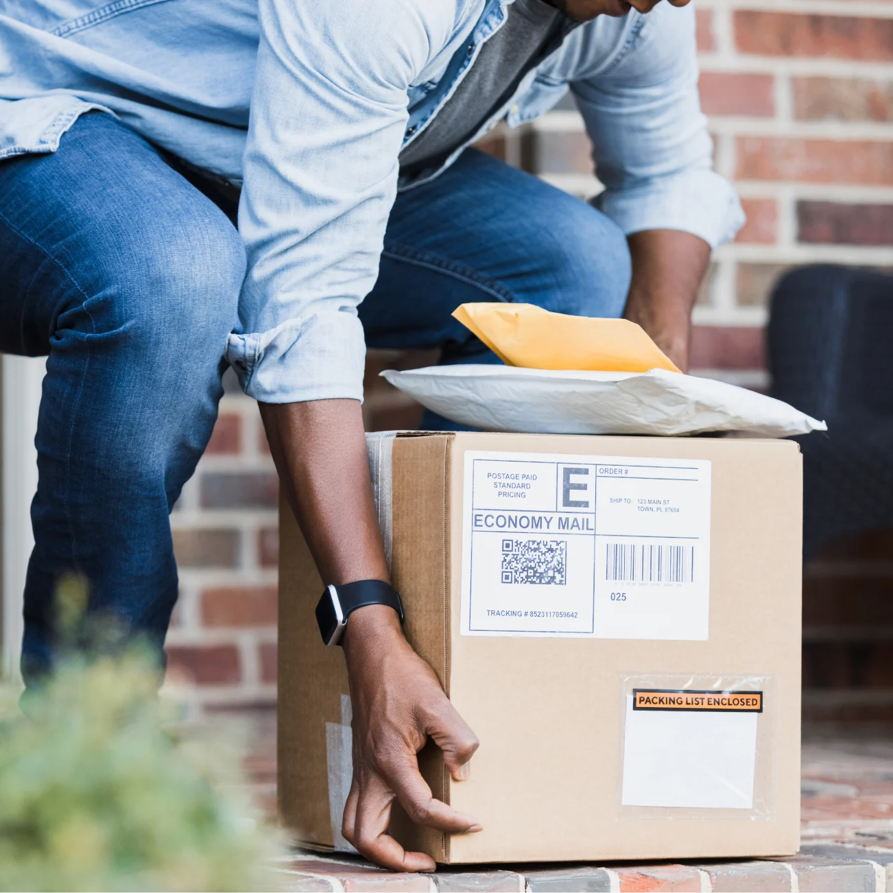 Man picking up stack of box and small packages from doorstep 