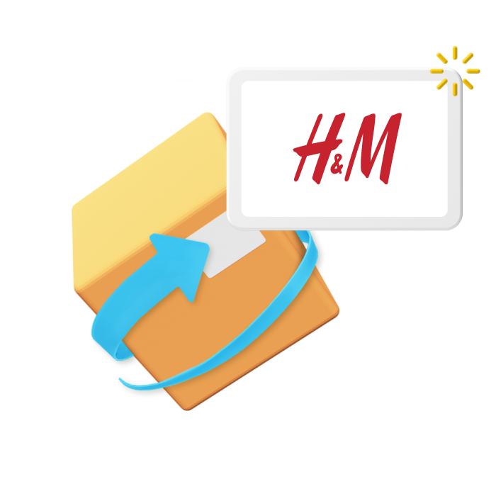 Box with a blue arrow signifying returns and the H&M logo in the top right corner