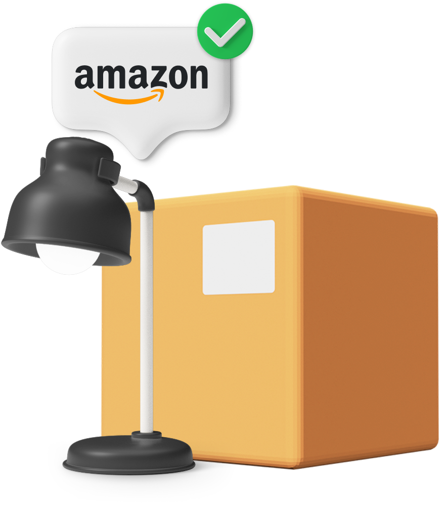 Animated cardboard box with lamp and Amazon logo