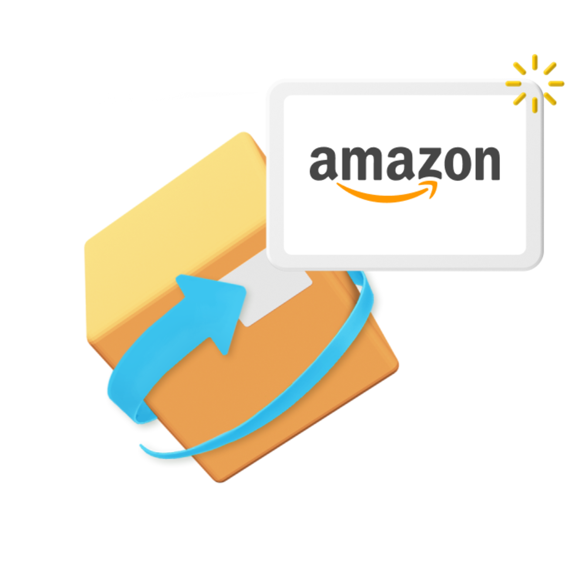 Box with circling blue arrow and Amazon logo in top right corner