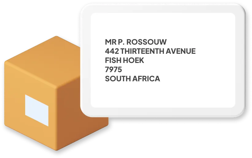 Box with example of South African address