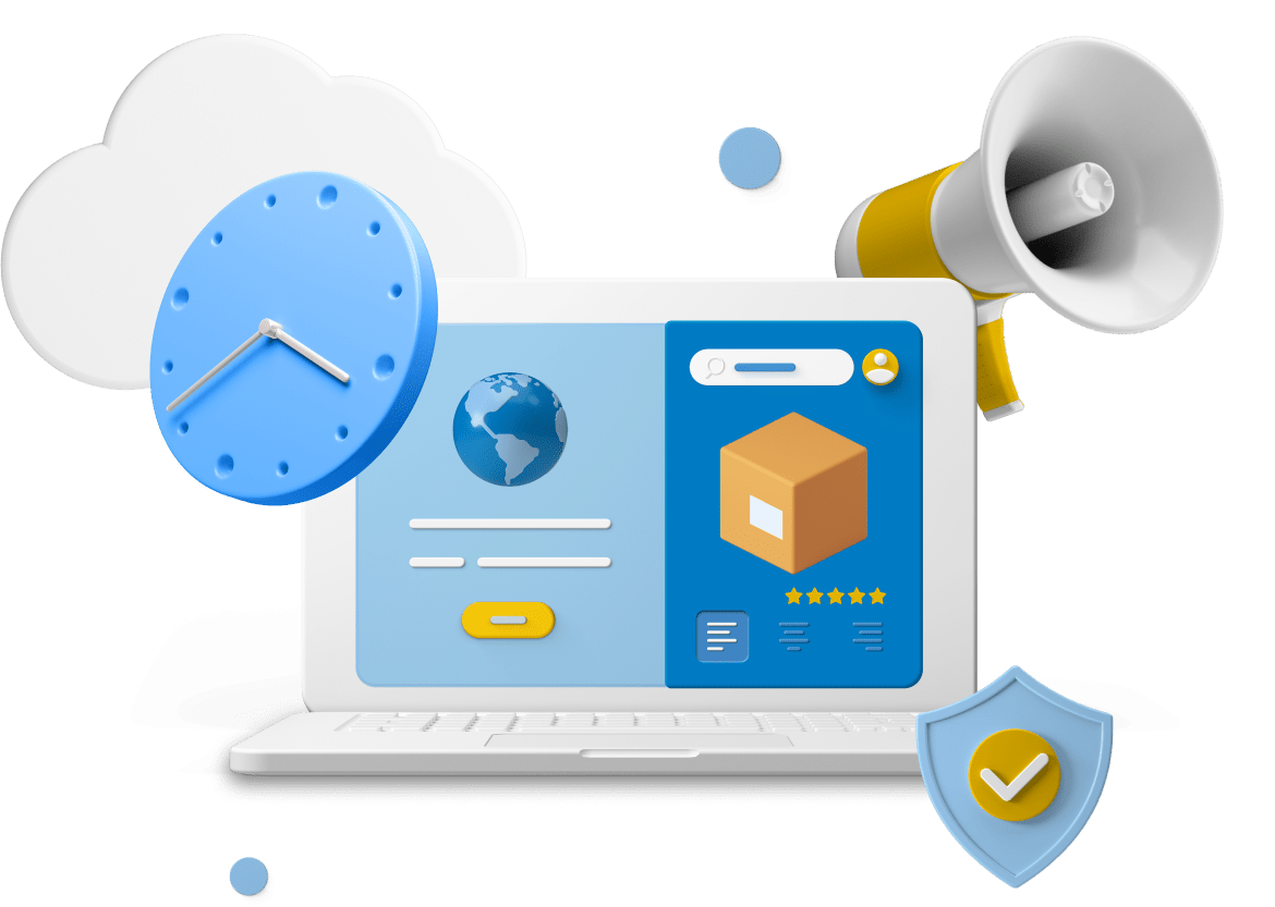 Laptop with clock and megaphone