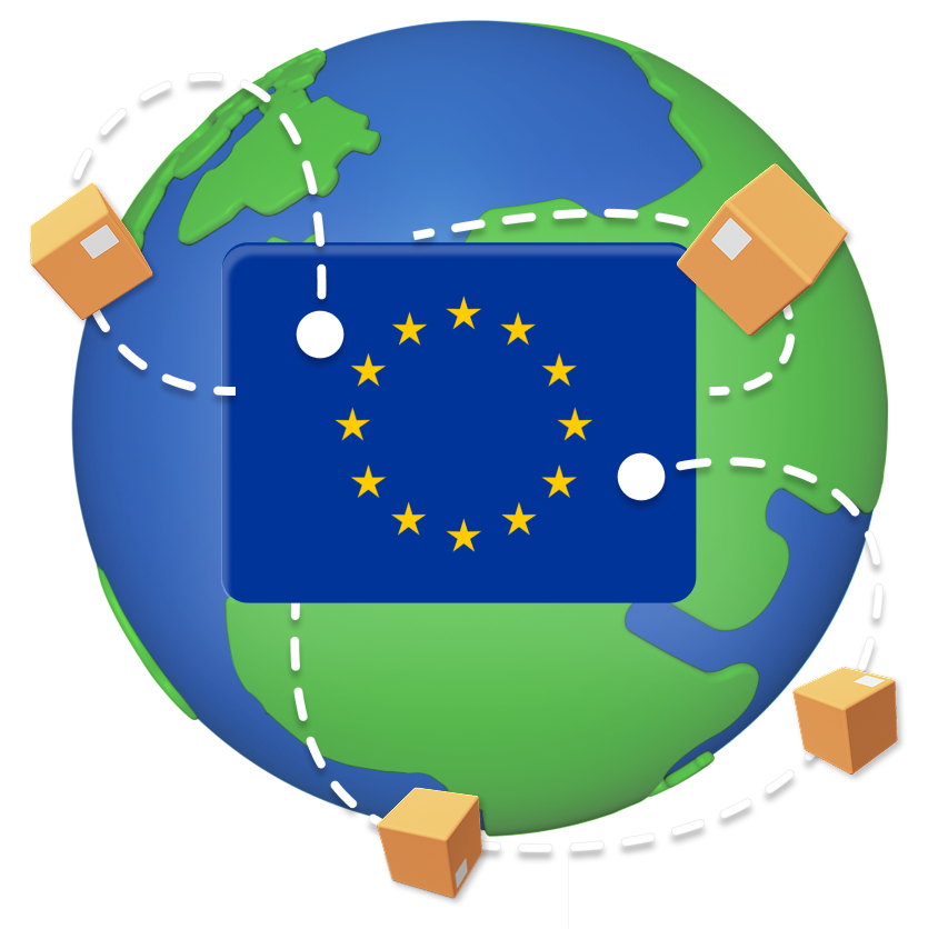 Globe graphic with EU flag at the center. Parcel and tracking lines moving to the EU flag