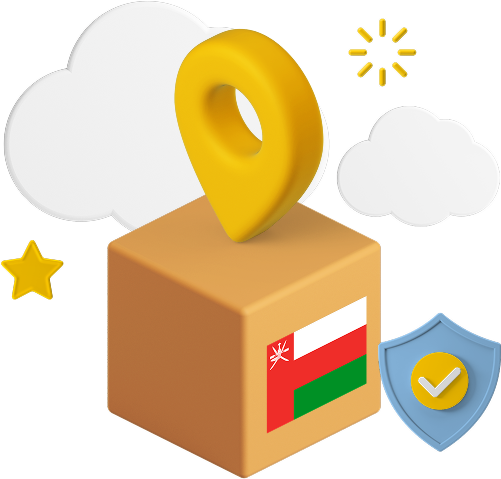 Oman flag on parcel box with location pin and certification badge