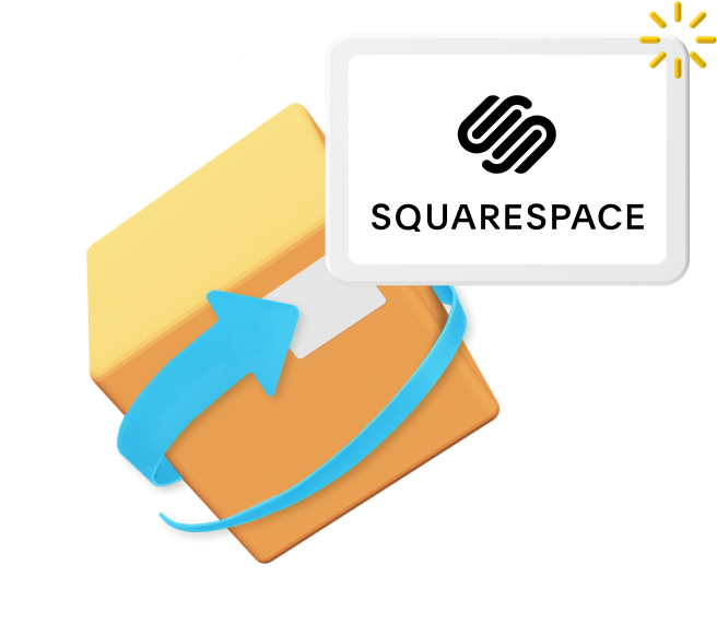 Animates box with Squarespace logo and blue arrow