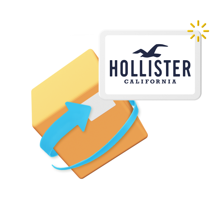 Animated box with blue arrow and Hollister logo in top bright corner