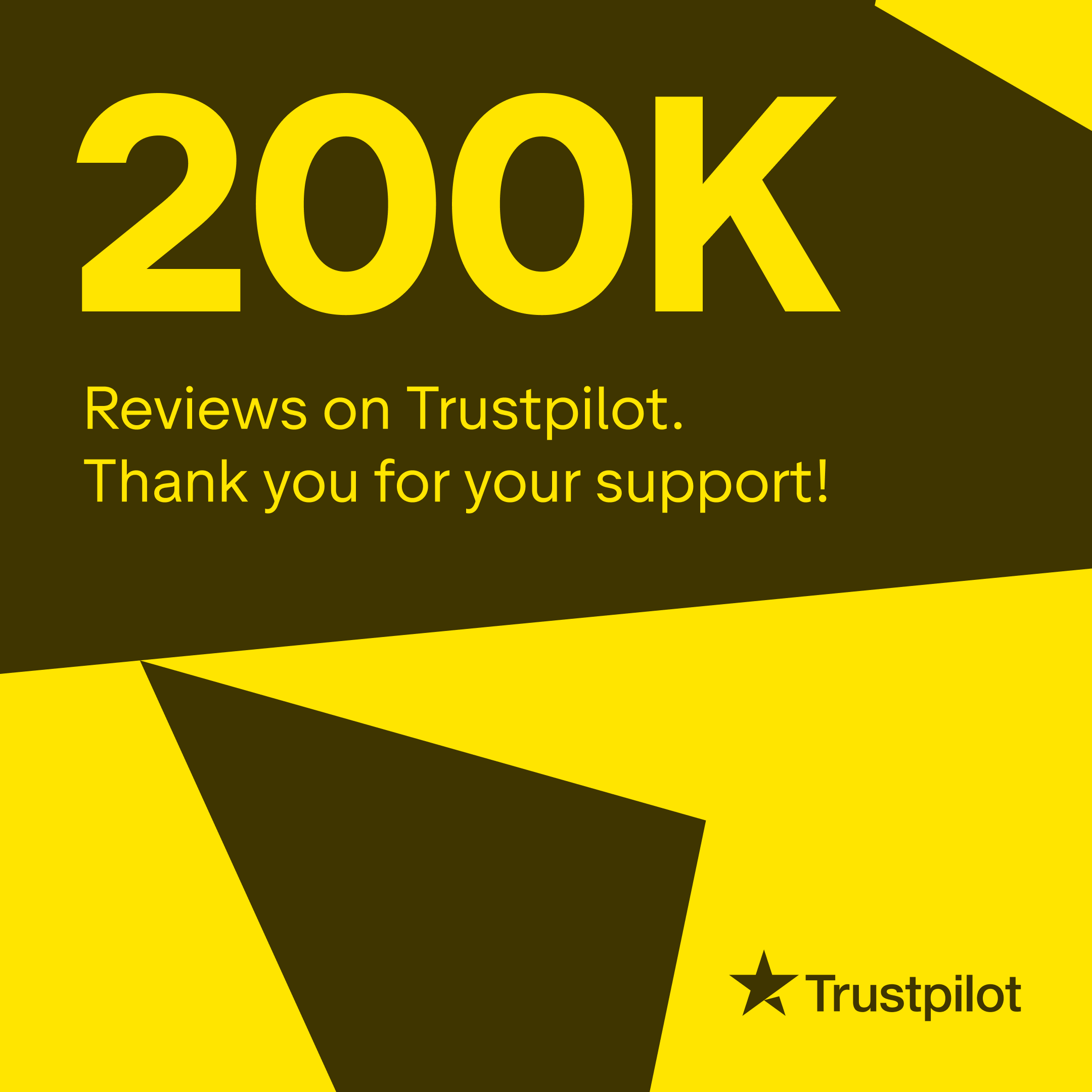 Parcel2Go is celebrating 200k reviews on Trustpilot. Brown and Yellow coloured Trustpilot celebration image.