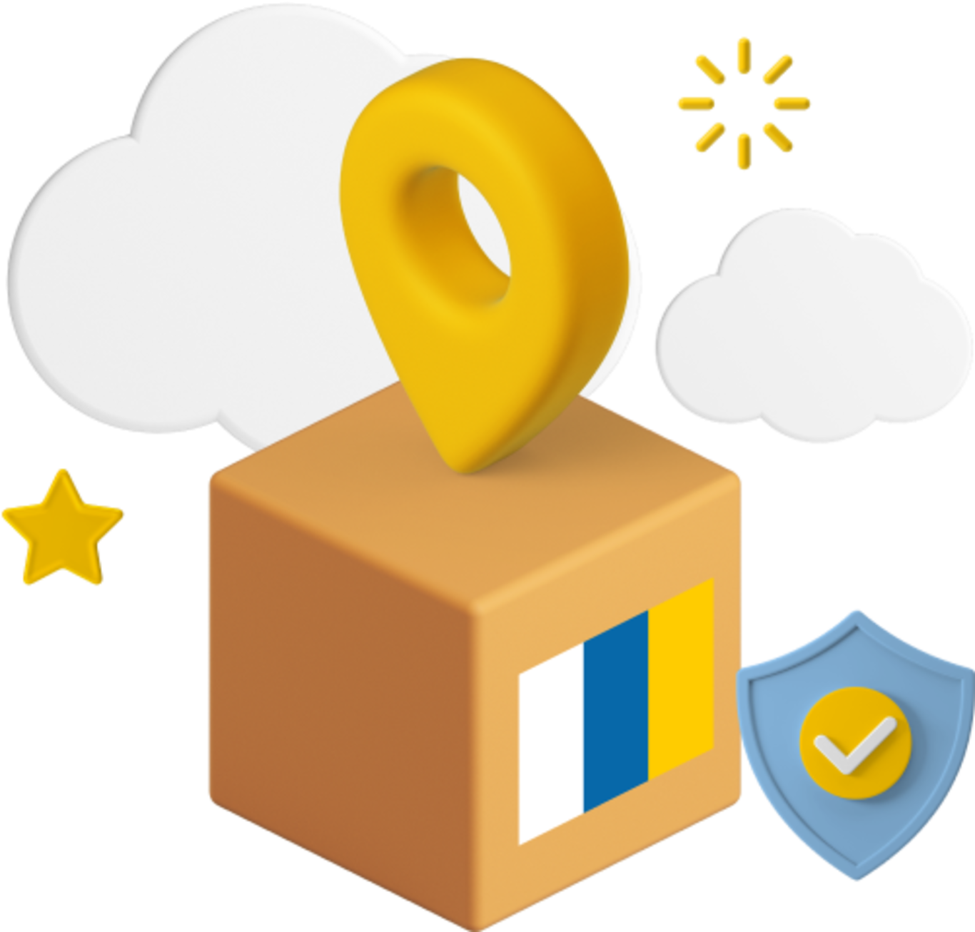 box with Canary Islands flag on the front surrounded by clouds and beneath a location pin