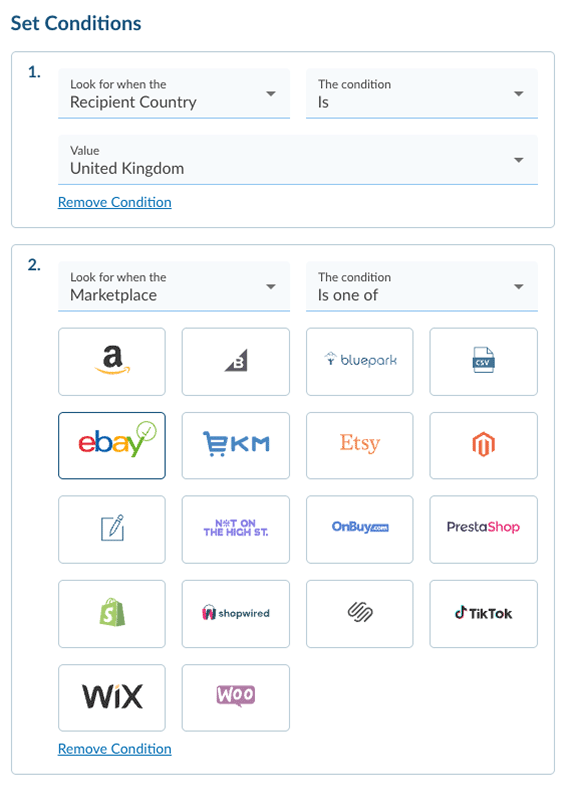 A gif showing how you select eBay and DPD when creating rules