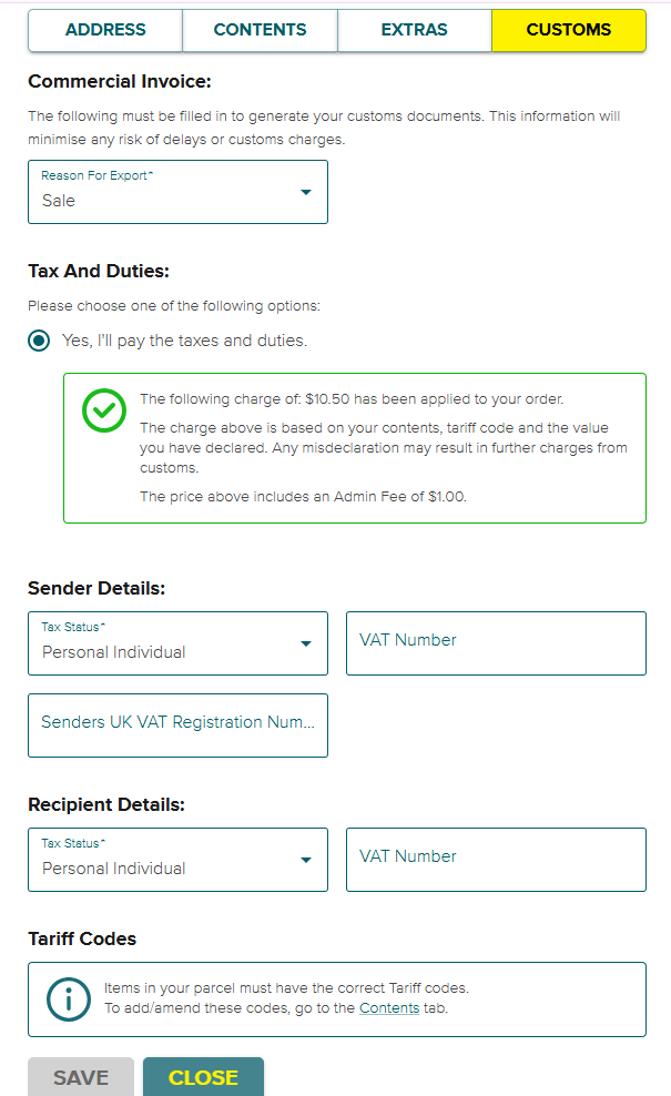 View Duty Options - SendNow by Asendia