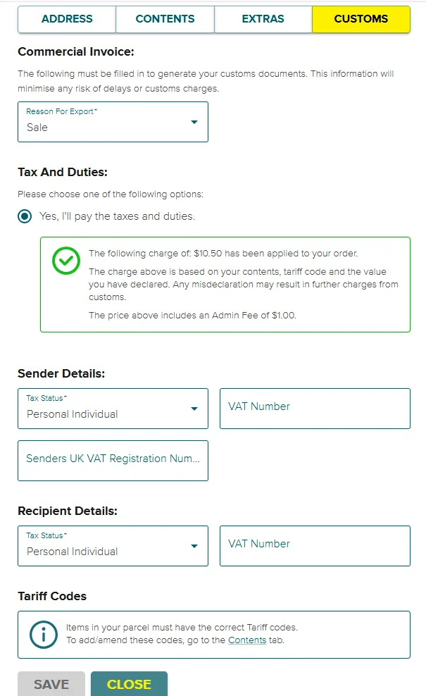 View Duty Options - SendNow by Asendia