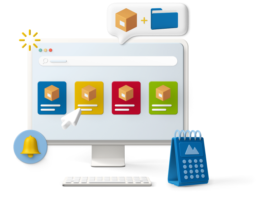 Animated computer screen displaying different coloured boxes