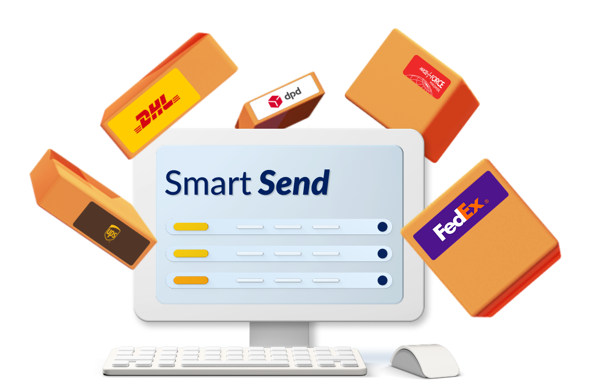 Smart Send tool on a computer surrounded by floating parcels labelled with various courier logos.