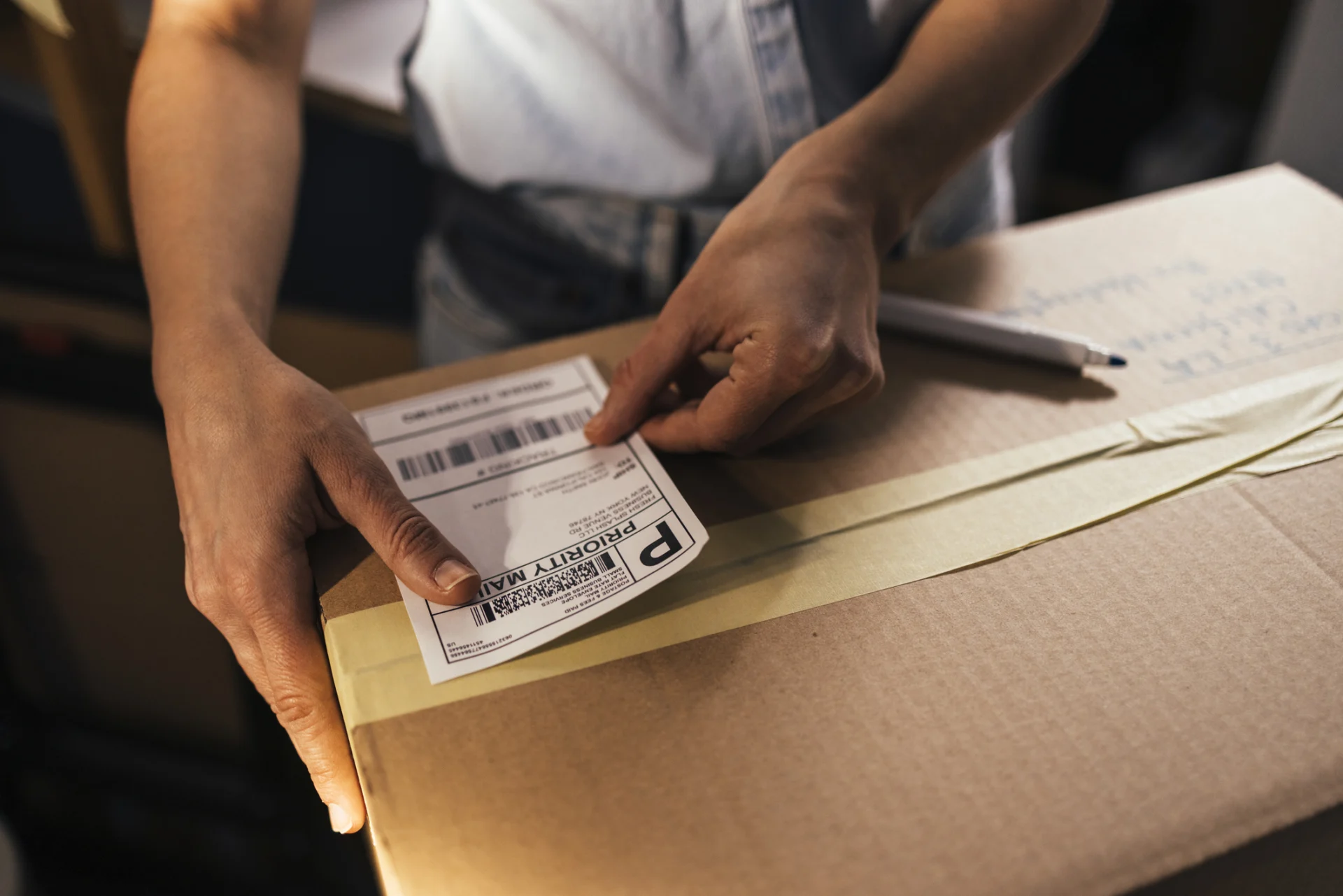 person putting label on parcel