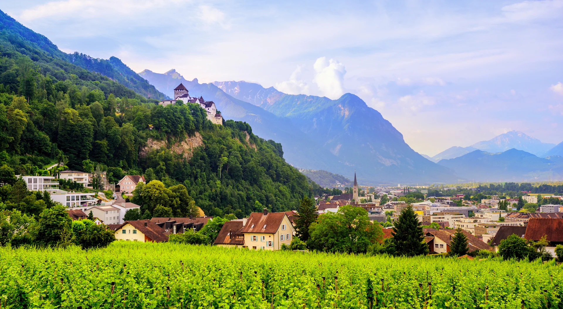 Green field looking over houses and mountains in Liechtenstein
