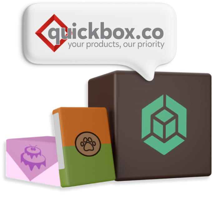 Different coloured boxes with animated logos on and a speech bubble above reading 'Quickbox.co - your products, our priority'