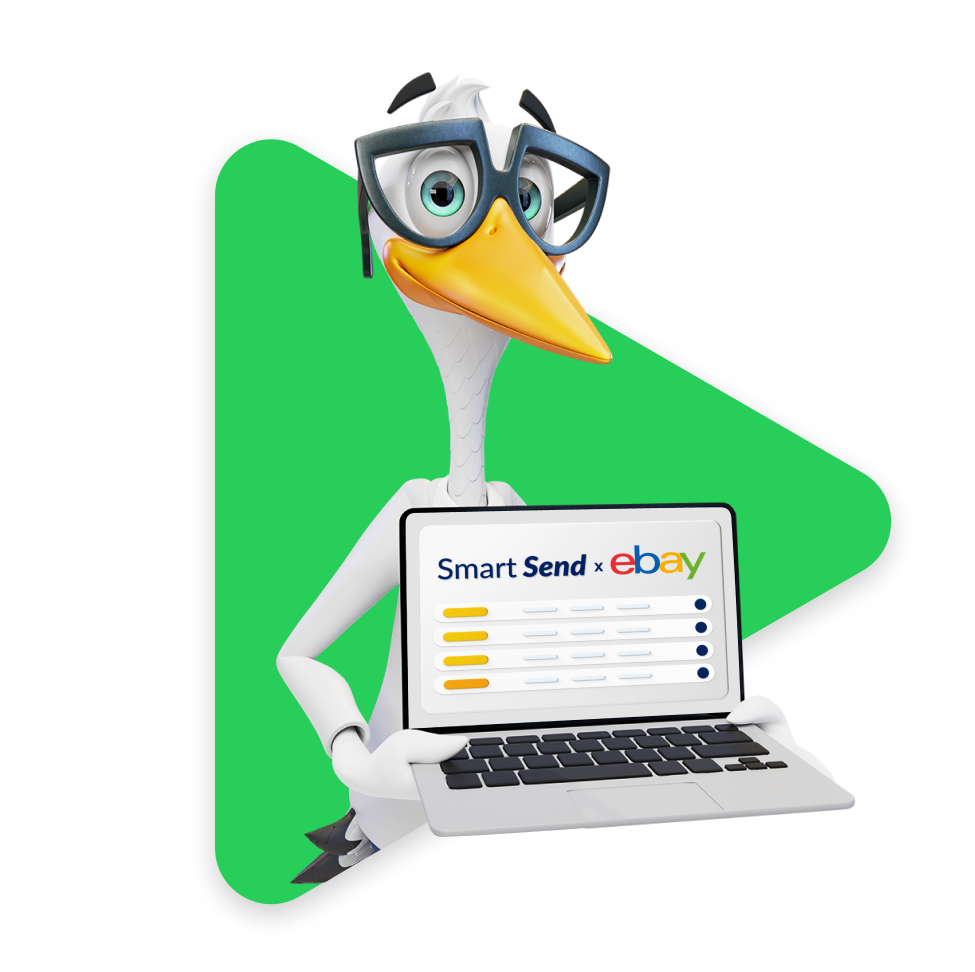 Sven the Stork holding a laptop with 'Smart Send x eBay' on the screen