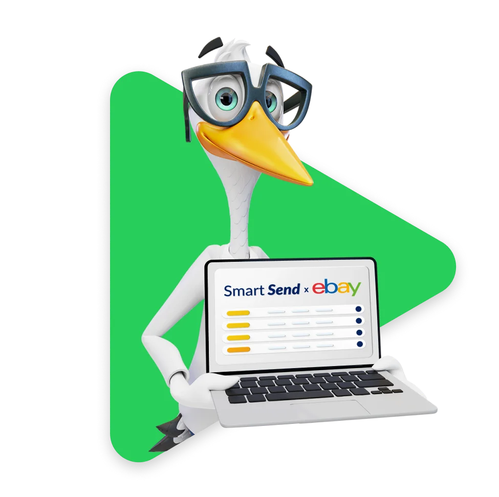 Sven the Stork holding a laptop with 'Smart Send x eBay' on the screen