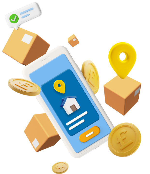 Animated phone with boxes and coins in background and picture of house on screen