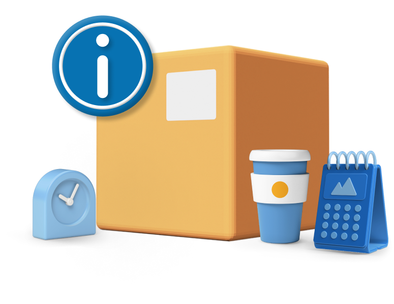 Box with little icons including coffee cup, clock, calendar and an information logo