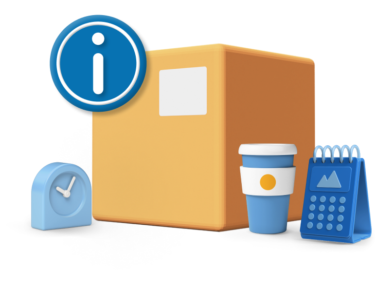 Box with little icons including coffee cup, clock, calendar and an information logo