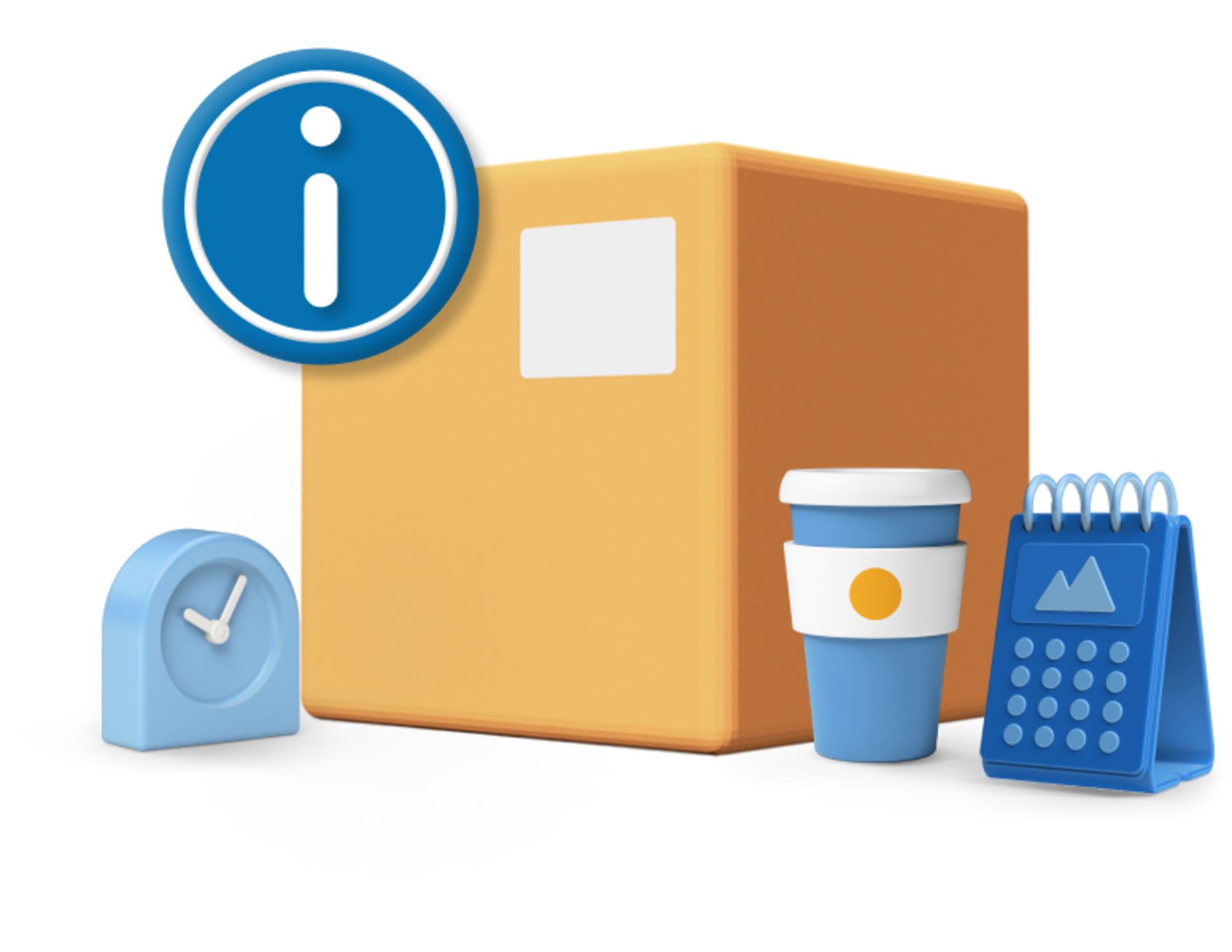 Box with little icons including coffee cup, clock, calendar and an information logo