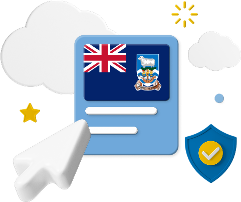Falkland Islands flag on web page surrounded by clouds and a badge graphic.