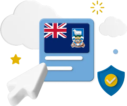 Falkland Islands flag on web page surrounded by clouds and a badge graphic.