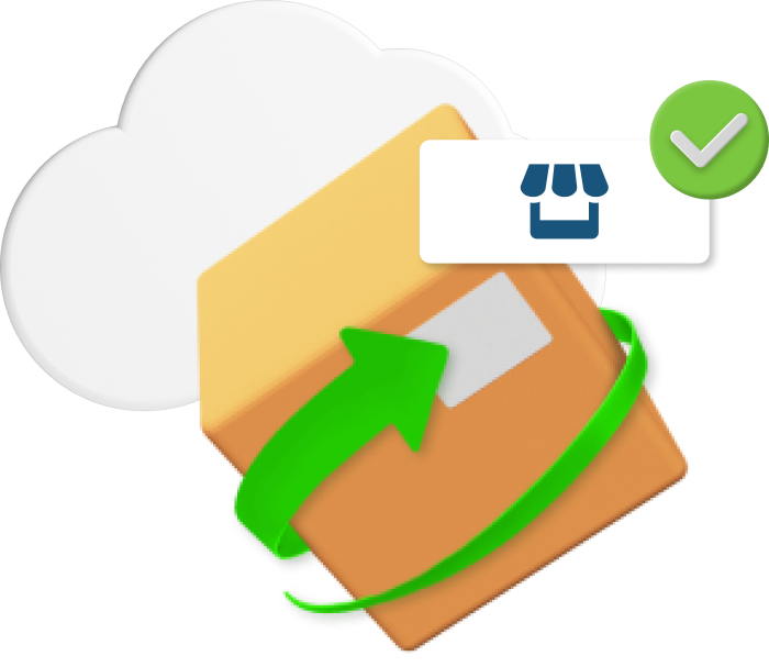 Box with green arrow going around it and a shop logo with a tick icon