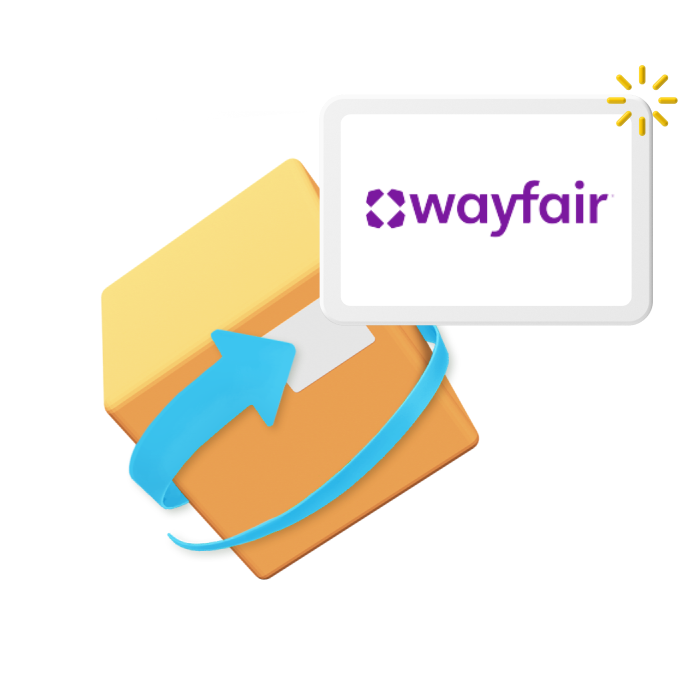 Animated box with blue arrow and Wayfair logo in top right corner