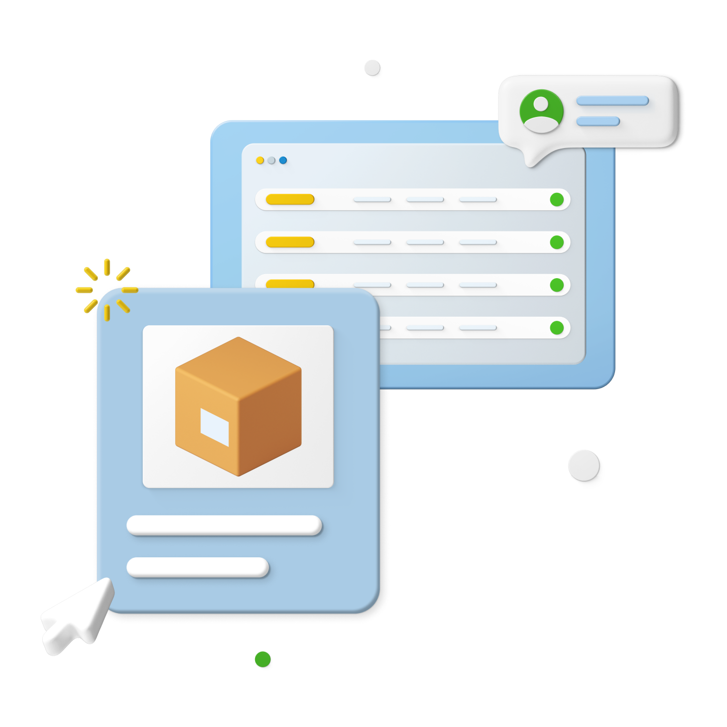Animated box and web pages with cursor and icons