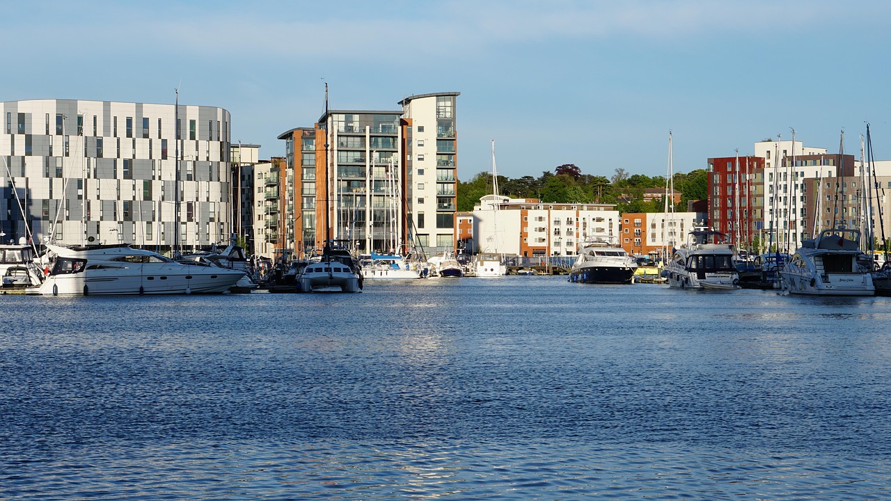 Boats at Ipswich docs surrounded by Buildings