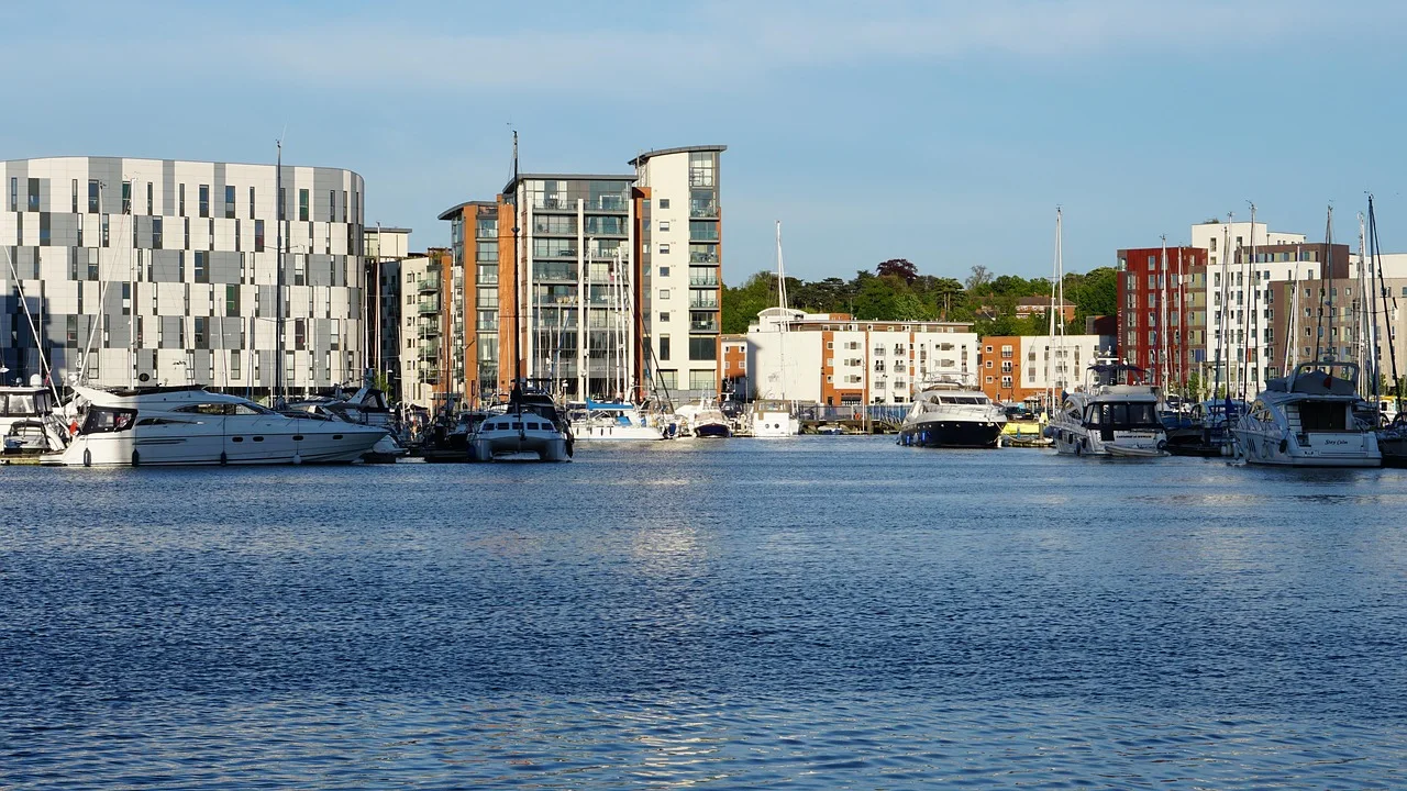 Boats at Ipswich docs surrounded by Buildings
