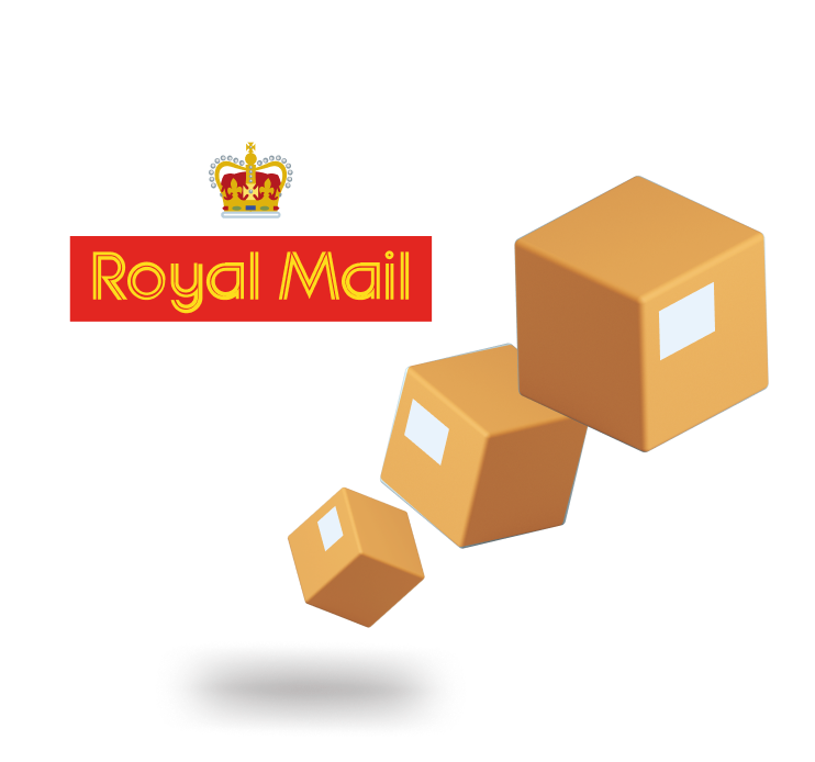 Royal Mail logo with animated boxes