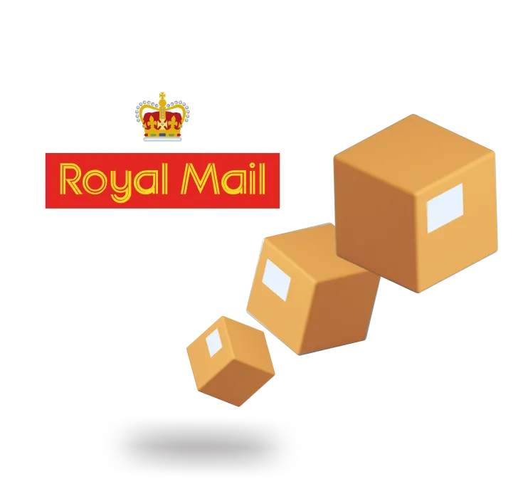 Royal Mail logo with animated boxes