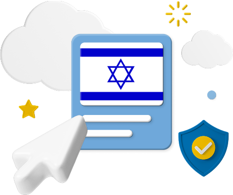 Israel flag on web page surrounded by clouds and badge graphic.