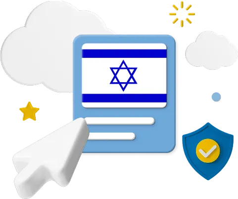 Israel flag on web page surrounded by clouds and badge graphic.