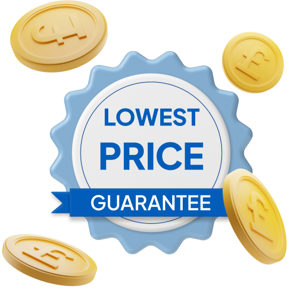 Badge with 'Lowest Price Guarantee' and coins