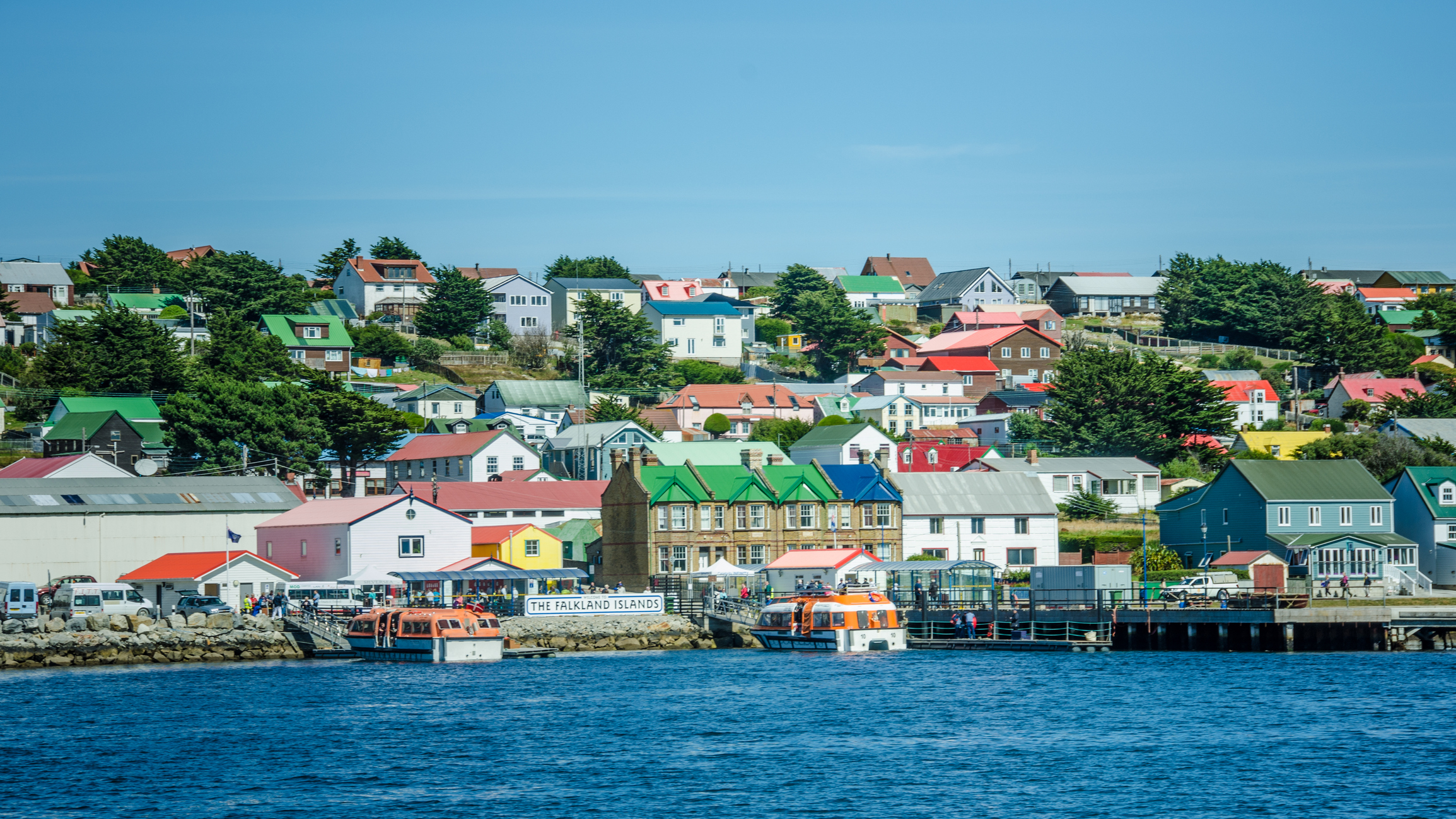 Colourful houses on a hill in Falkland Islands.