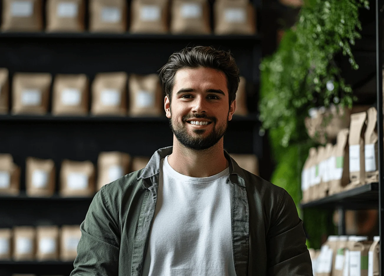 Man smiling at the camera in front of shelves stacked with pouches of coffee