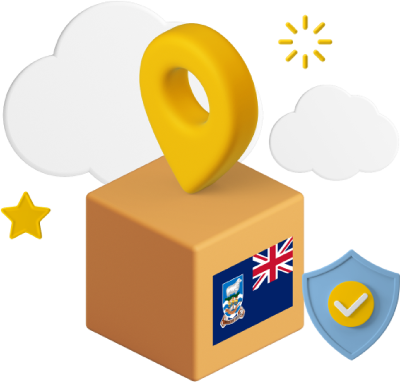 Falkland Islands flag on parcel box graphic.
