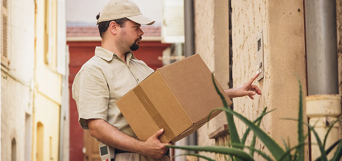 Delivery man ringing door bell with parcel