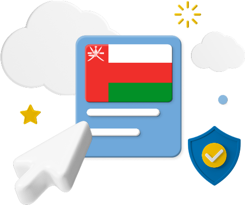 Mouse clicking on Oman flag surrounded by clouds and a certification badge.