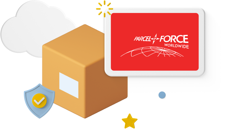 Animated box with Parcelforce logo and icons