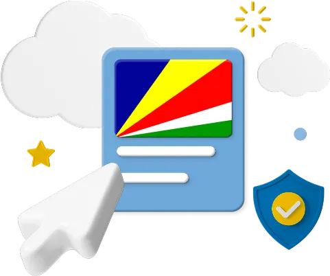 Seychelles flag on web page surrounded by clouds and a badge graphic.