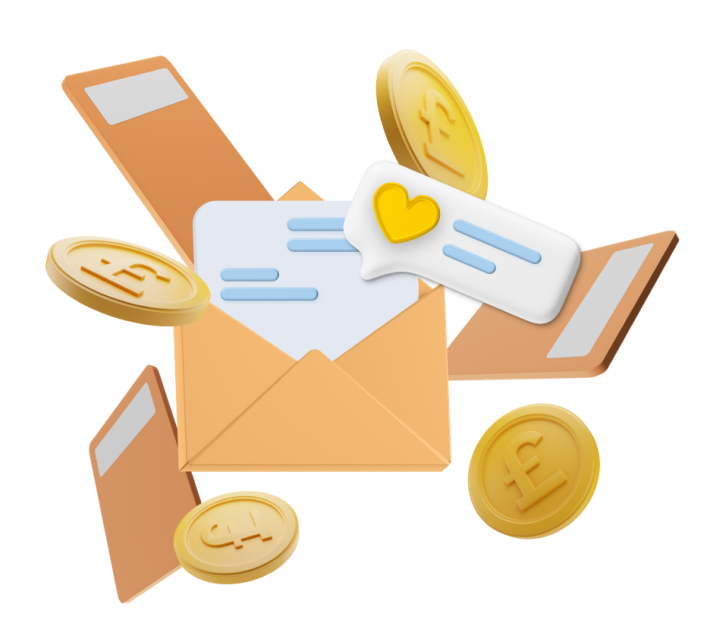 Animated image of letters and coins