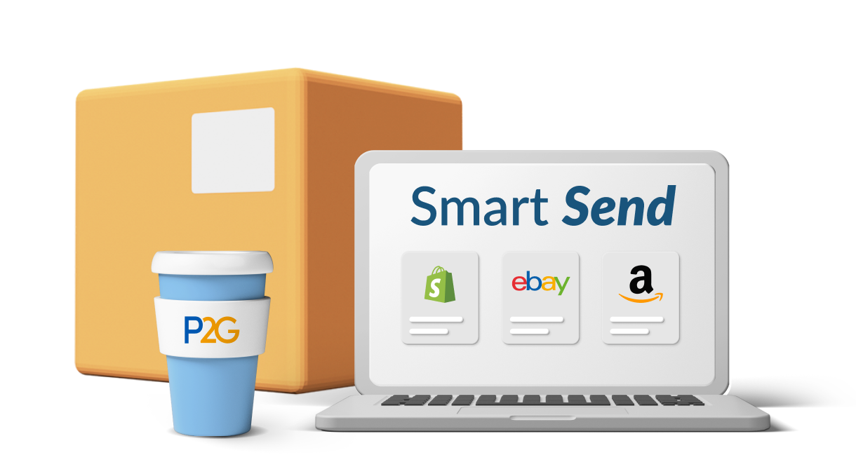 Laptop screen with marketplace logos alongside a coffee cup and box