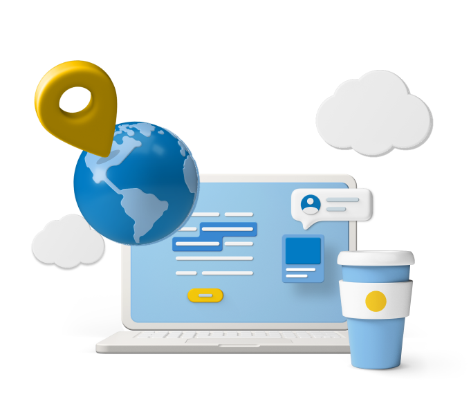 Animated laptop screen with globe and locations icon 