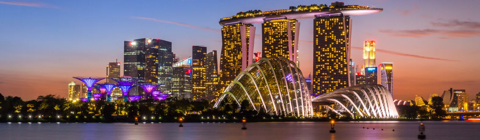 Singapore city skyline at night. Lots of tall buildings and bright lights. Orange and blue skies.