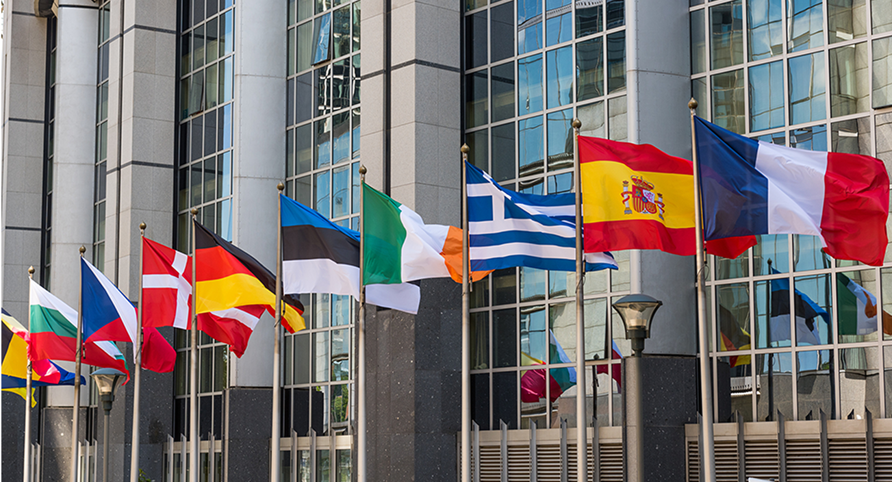 Various European flags outside building